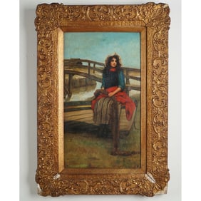 Antique 1901 Oil on Canvas, Seated Girl by the Canal, Signed