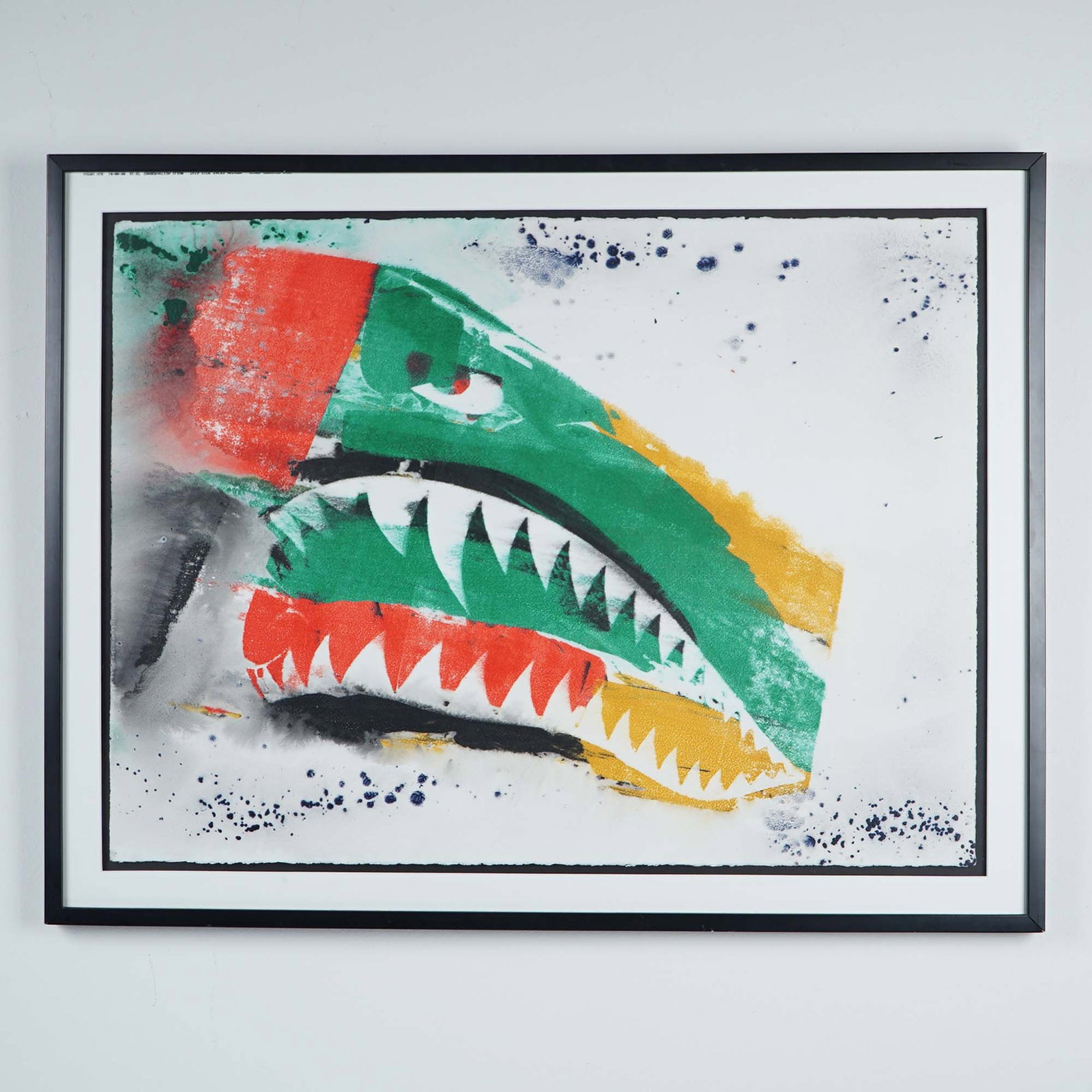 Bold Abstract Painting of Colorful, Stylized Dragon/Beast: Dynamic and expressive contemporary artwork featuring a vibrant, angular composition resembling a stylized dragon or beast. The piece is rendered in bold hues of green, red, yellow, and black, accente