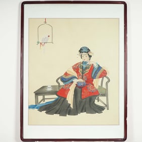 Chinese Watercolor & Ink on Silk, Seated Beauty with Parrot