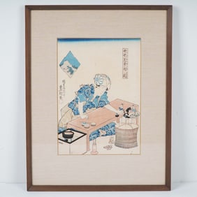 Utagawa Kunisada (Toyokuni II) Woodblock Print Woman Making Puppets, Signed