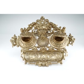 French Brass Double Inkwell with Foliage Decoration