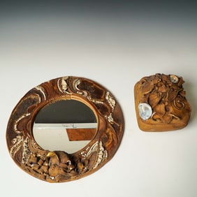 2pc Art Nouveau Style Ceramic Mirror and Lidded Box