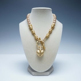 Designer Style Gold and Pearl Necklace with Heart Pendant