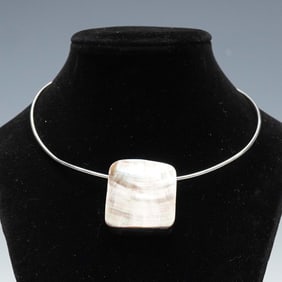 Silver Tone Collar Necklace with Mother-of-Pearl Pendant