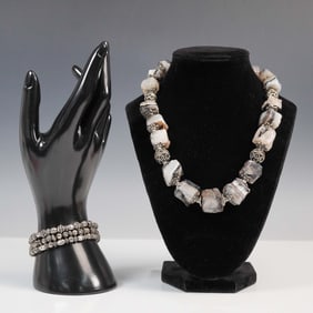 4pc Silver Tone Beaded Jewelry Lot, Necklace and Bracelets