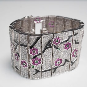 Floral Pave Link Bracelet with Ruby and Emerald Accents