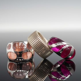 3pc Silver Tone Rings, Color-Inset & Grooved Designs