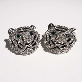 Silver Tone Tiger Head Rhinestone Stud Earrings
