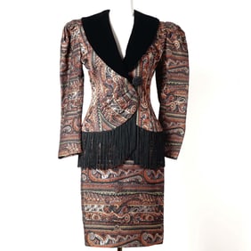 Zandra Rhodes Women's Velvet Collar Paisley Jacquard Suit Ensemble, Size 8