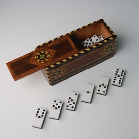 Inlaid Wooden Domino Set in Marquetry Slide-Top Box
