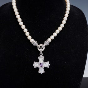 Judith Ripka Sterling Pearl Necklace with Cross Pendant