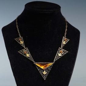 Vintage Amber and Enamel Triangle Filigree Necklace