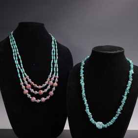 2pc Turquoise Beaded Necklaces, One with Sterling Clasp