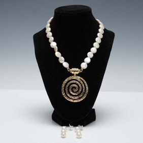 3pc Pearl Necklace and Earring Set with Gold Tone Spiral Pendant