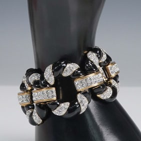 Landau Black Enamel and Rhinestone Link Bracelet