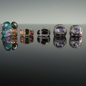 5pc Silver Tone Rings with Multicolor Rhinestones