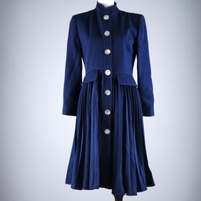 Valentino Navy Wool Accordion Pleated Skirt Coat with Abalone Buttons, Sz 6