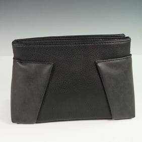 Black Faux Leather Double-Zip Clutch Bag with Striped Lining