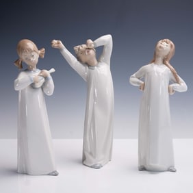3pc Lladro Porcelain Figurines, Girl with Guitar, Boy and Girl Yawning