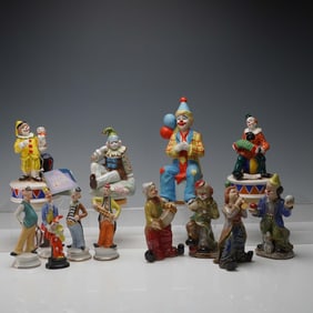 13pc Porcelain Clown Figurines and Music Boxes Collection