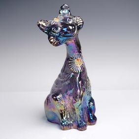 Fenton Iridescent Glass Alley Cat Figurine, Purple with Gold Suns, Signed