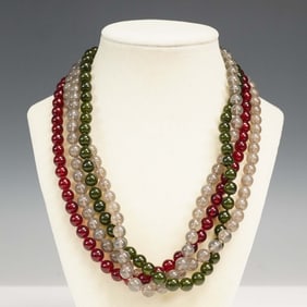 Multistrand Red, Green, and Smoky Bead Necklace