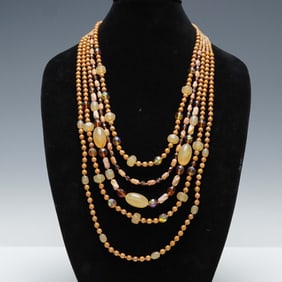 Multi-Strand Beaded Statement Necklace, Amber Tones