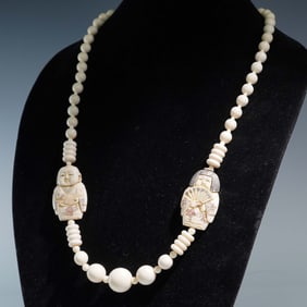 Vintage Carved Bone Bead Necklace with Figures