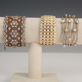 3pc Mixed Metal and Pearl Cuff and Bangle Bracelet Set