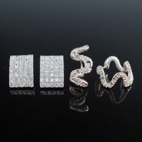 2 Pairs of Rhinestone Earrings, Modern and Sculptural Designs