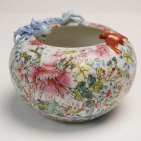 Chinese Porcelain Floral Vase with Sculpted Dragon and Bat