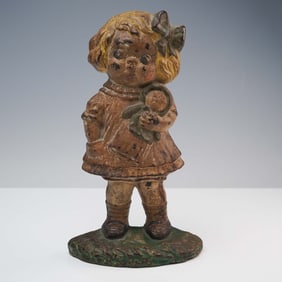 Antique Cast Iron Doorstop, Girl Holding Doll