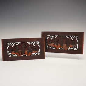 2pc Carved Wood Figural Panels with Relief Decoration