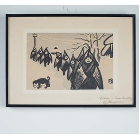 Gihachiro Okuyama, Woodblock Print with Seal, Children in Snow Country