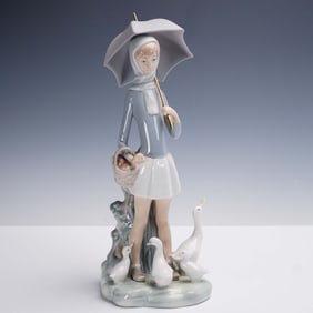 Lladro Porcelain Figurine, Girl with Umbrella & Geese 1004510