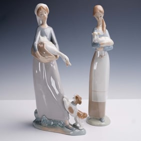 2pc Lladro Porcelain Figurines, Girl with Goose and Girl with Lamb