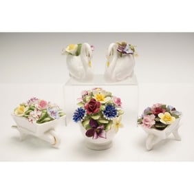 5pc Floral Bone China Arrangements in Swans, Wheelbarrows, and Bowl
