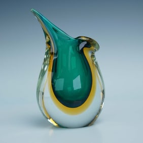 Murano-Style Art Glass Pitcher in Emerald and Amber Tones