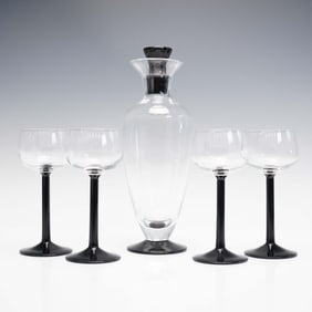 5pc Clear Glass Decanter with Black Stopper and Wine Glasses