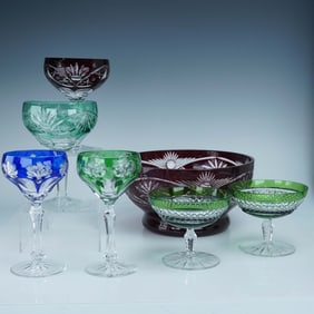 7pc Cut to Clear Crystal Stemware & Bowl Set, Mixed Colors