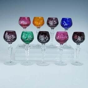 9pc Multicolor Cut to Clear Crystal Cordial Glasses