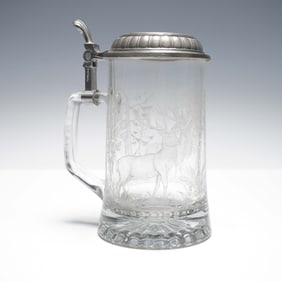 Alwe Glass Beer Stein with Pewter Lid and Stag Design