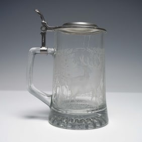 Alwe Glass Beer Stein, Deer Motif with Pewter Lid