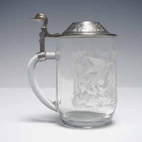Etched Glass Beer Stein with Pewter Lid, Duck Finial