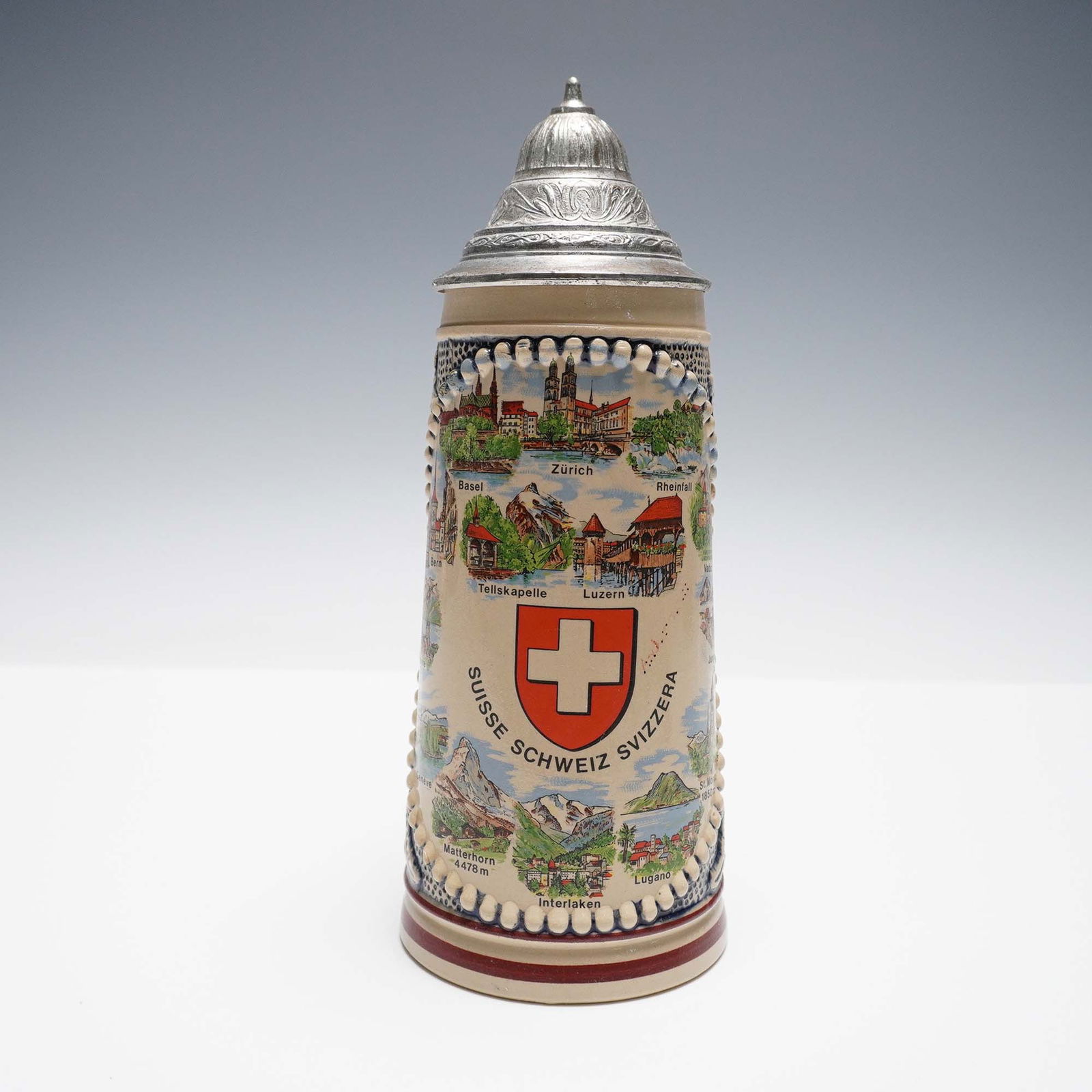 Original King Swiss Landmark Ceramic Stein with Pewter Lid (1 of 5)