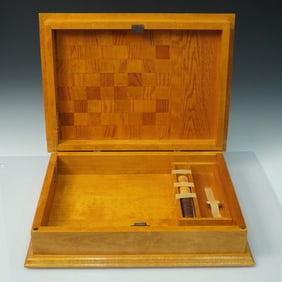 Handcrafted Wood Game Box with Inlaid Checkerboard and Cribbage Board