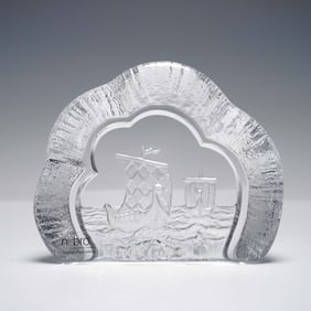 Nybro Swedish Art Glass Sculpture, Viking Ships by Paul Isling