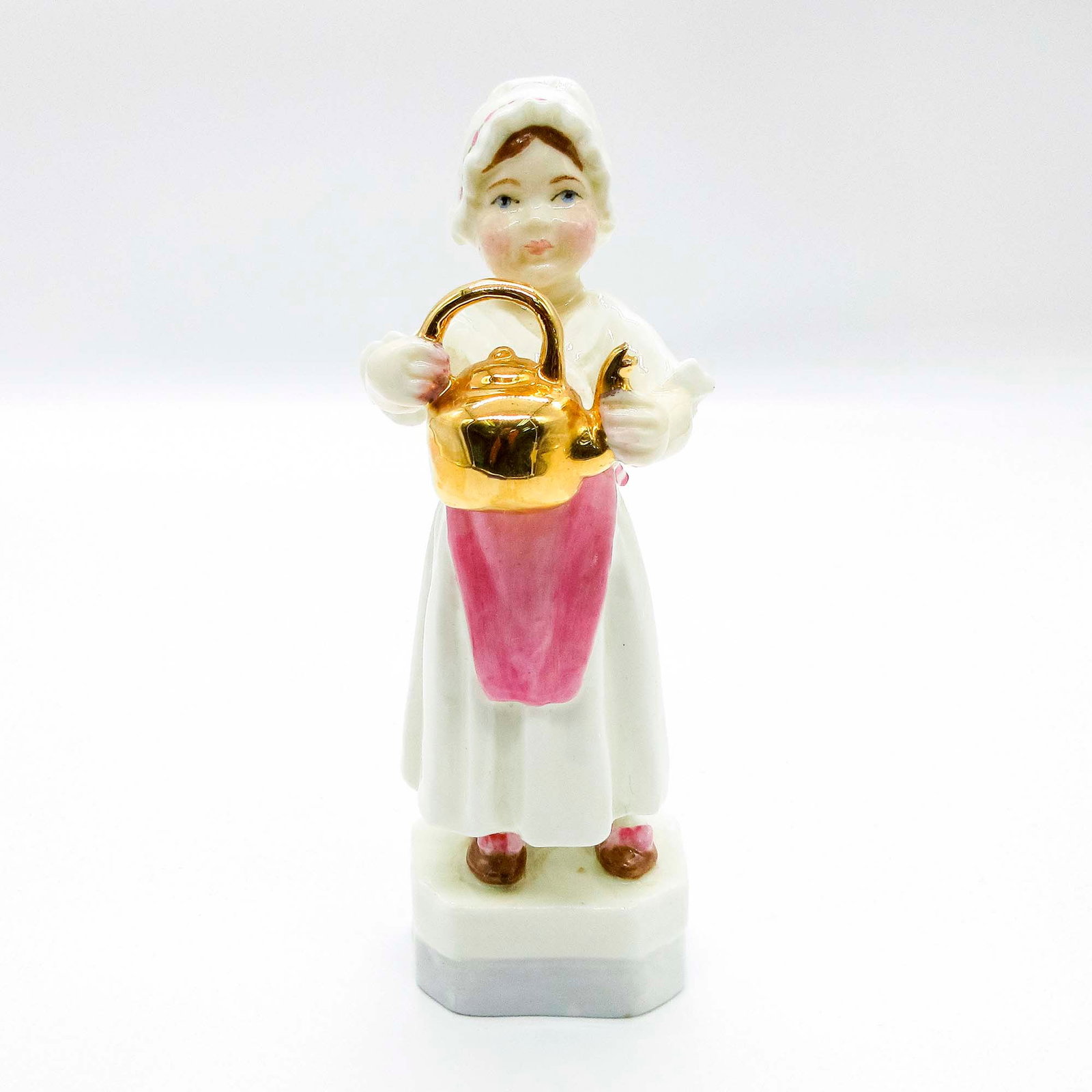 Royal Worcester Figurine, Polly Put The Kettle On 3303: Nursery Rhyme Series. Finely painted porcelain; glazed. Pink and white coloration; gold kettle. Royal Worcester backstamp. Weight: 6 oz #figurine Issued: 20th c. Dimensions: 6"H Country of Origin: Eng