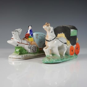 2pc Japanese Porcelain Horse-Drawn Carriage Figurines