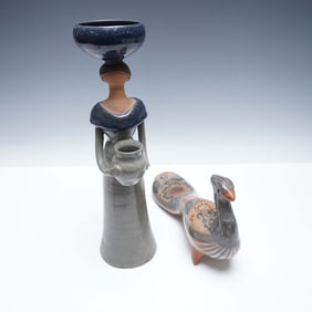 2pc Mexican Ceramic Sculptures - Tlaquepaque Figure and Tonala Bird